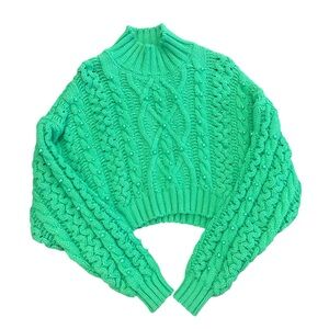 Zara Emerald Cable-Knit Turtleneck Sweater with Pearls